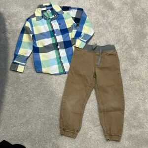 Colorful Plaid Shirt and Tan Pants Set